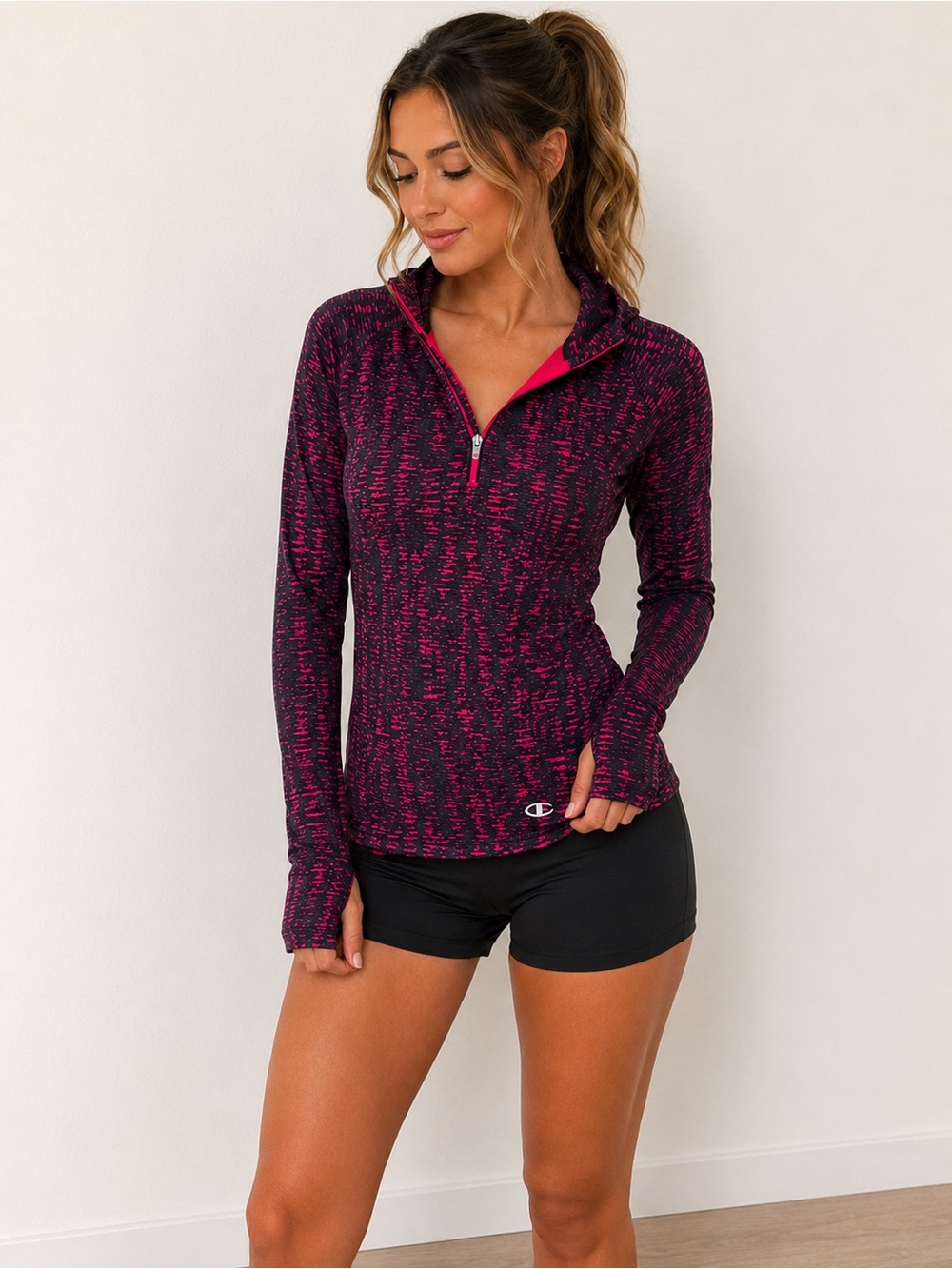 Champion Women's Pink & Black Heathered Quarter-Zip Pullover